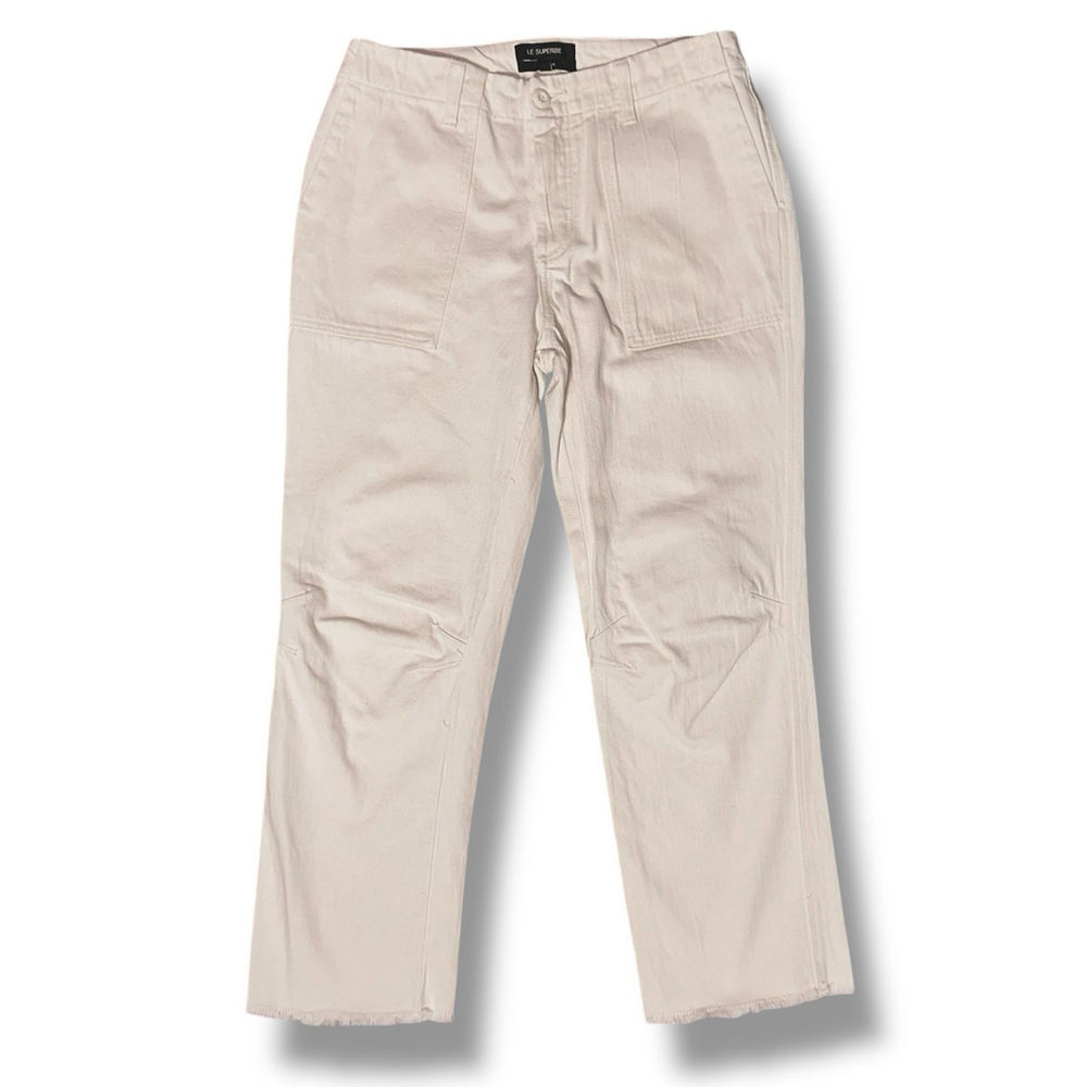 Le Superbe Crop Pants 100% Cotton Raw Hem Patch Pockets Button Fly 6 Mid-Rise